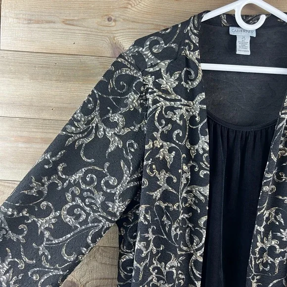 Catherines Womens Shirt One Piece Cardigan Blouse Twofer Black Gold Elegant 1X - Picture 4 of 7